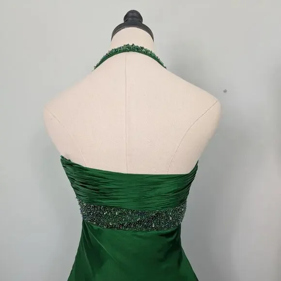 Cache Prom Dress Midi Gown 2 Green Silk Vintage Y2K Glam Bead Holiday  Halter Dresses